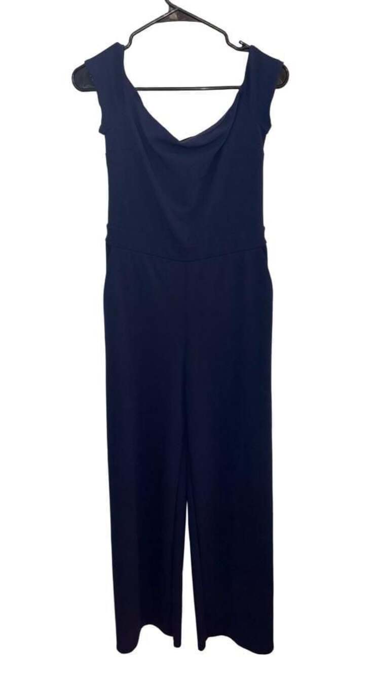 Express Navy Blue Off-The-Shoulder Wide Leg Jumpsuit - Picture 2 of 8